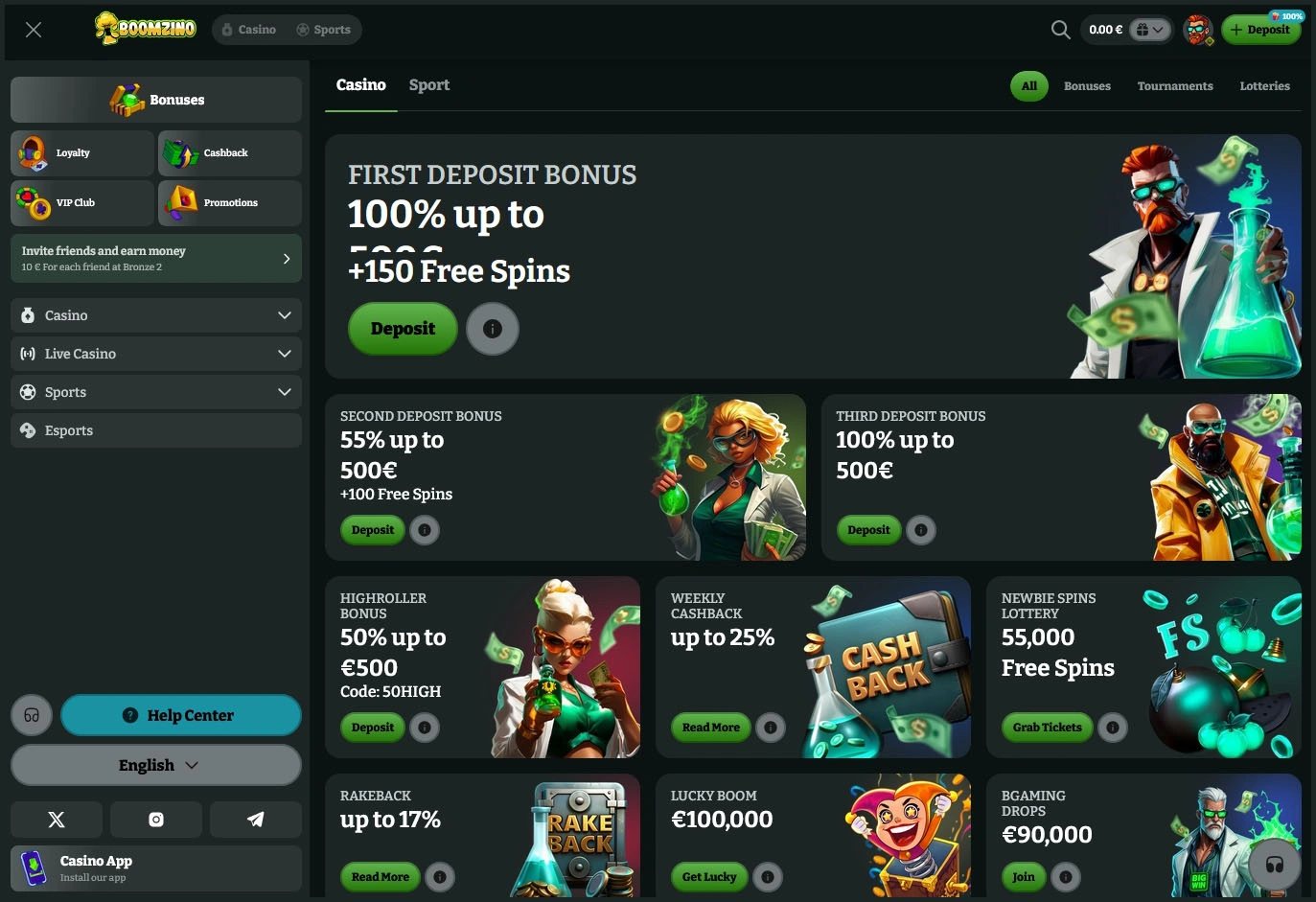 Hauptseite von Boomzino Casino