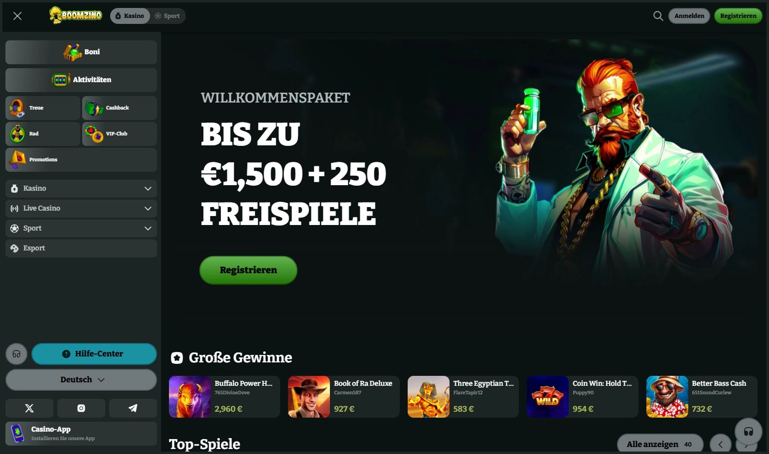 Hauptseite von Boomzino Casino