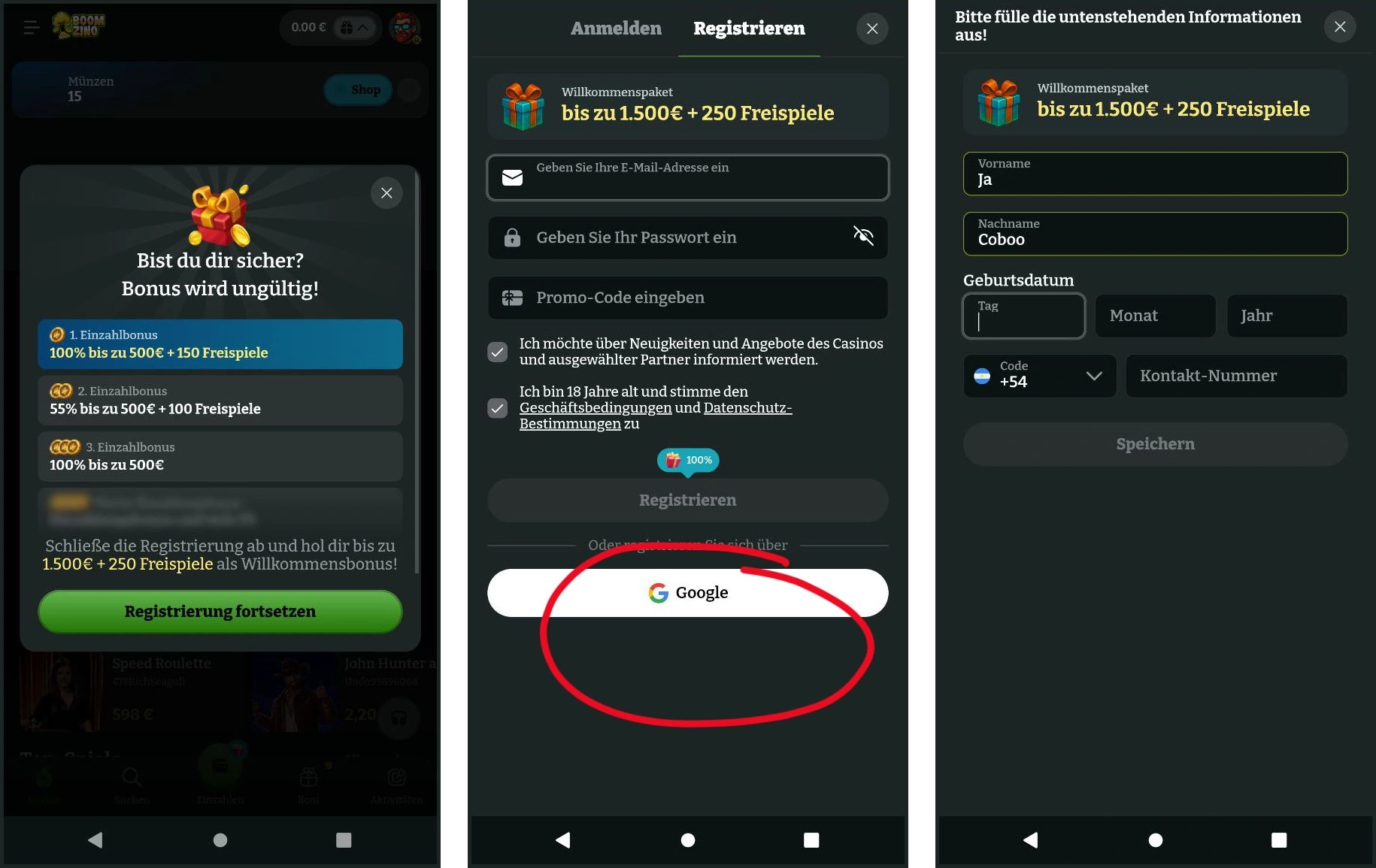 Registrierung und Kontoeröffnung bei Boomzino Casino