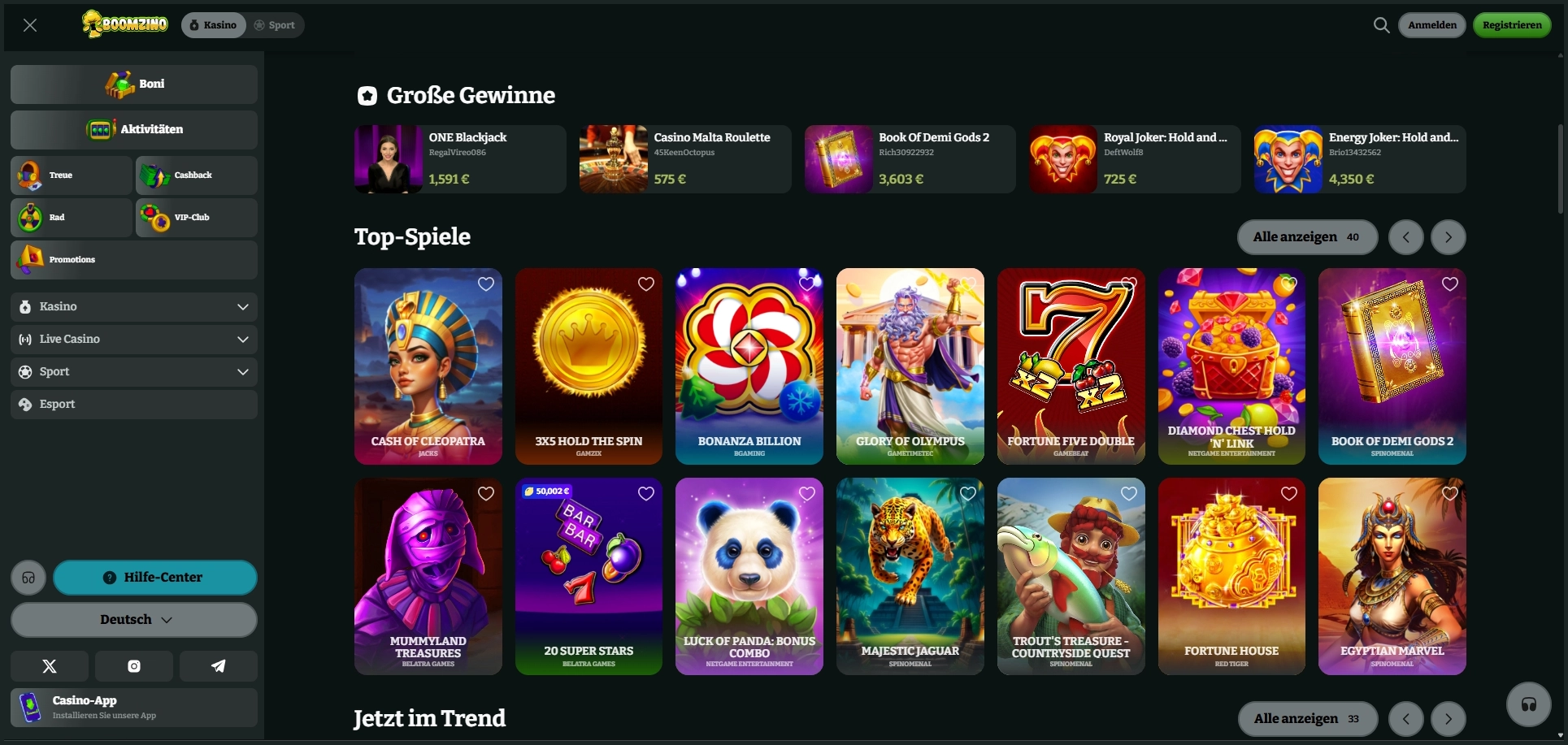 Top-bewertete Spiele bei Boomzino Casino